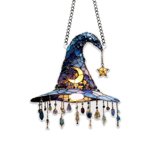 Witch Suncatcher for Windows, Gothic Witch Hat with Moon and Star Ornaments, Handmade Style Acrylic Sun Catcher, Halloween Window Decorations, Witchcraft Supplies & Unique Witchy Gifts for Women