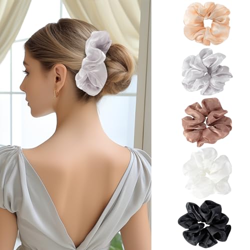 5 Pack Lolalet Big Scrunchies for Hair, Large Soft Organza Elastic Hair Scrunchy for Women Girls, Oversized Ponytail Holder Fluffy Hair Accessories for Thick Long Curly Hair -Style A