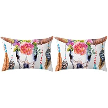 ARIGHTEX Tribal Boho Feathers Pillow Case Set of 2 Floral Cow Skull Pillow Shams Hippie Throw Pillow Covers (Design 1, Standard 20