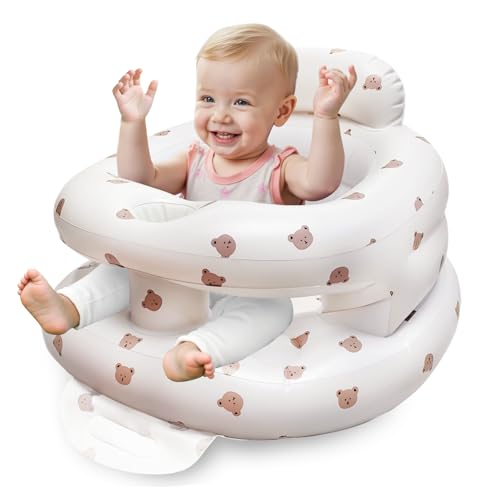 Lnflatable Seat Babies,Floor Seats for Sitting Up Built in Air Pump3 Months & Up Baby-Cartoon Bear (Large Size)