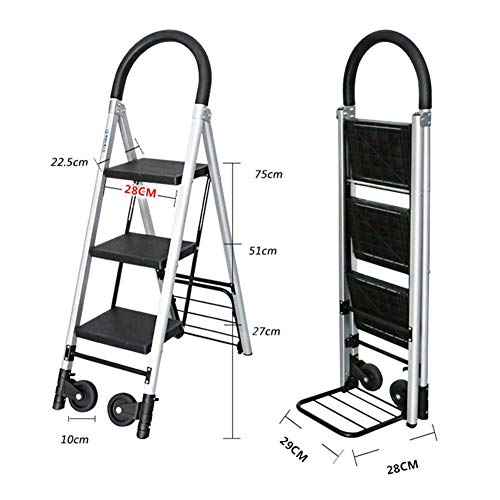 ZXMTC Portable Shopping Trolleys Step Ladder Hand Truck Convertible Aluminum 2 in 1 Folding Hand Truck Dolly with Two Wheels 3-Steps Store (Color : Black, Size : 3676120 cm)