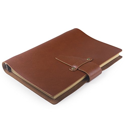 Ancicraft Leather Journal Diary Notebook A5 Refillable with Simple Strap 6-ring Binder Lined Craft Paper (Red brown simple strap A5)