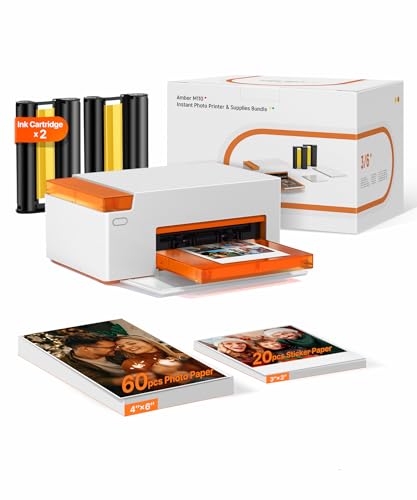 Liene Amber M110 Mini Fotodrucker für Smartphone – inkl. 60 Blatt 10x15 cm Fotopapier + 20 Blatt 7,7 cm Selbstklebende Fotos + 2 Farbbänder – Thermosublimation,