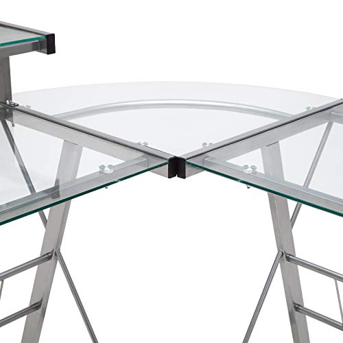 Mecor L-Shaped Corner Computer Desk with Shelf & Stand, Glass Laptop PC/Computer Table Workstation Home Office Furniture, Glass & Metal, Clear