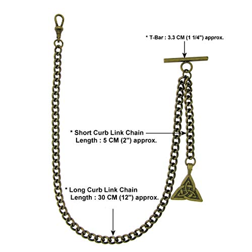 watchvshp WATCHVSHOP Albert Chain Antique Brass Color Pocket Watch Chain Vest Chain for Men Trinity Celtic Knot Design Medal Fob with T Bar Swivel Clasp AC29A