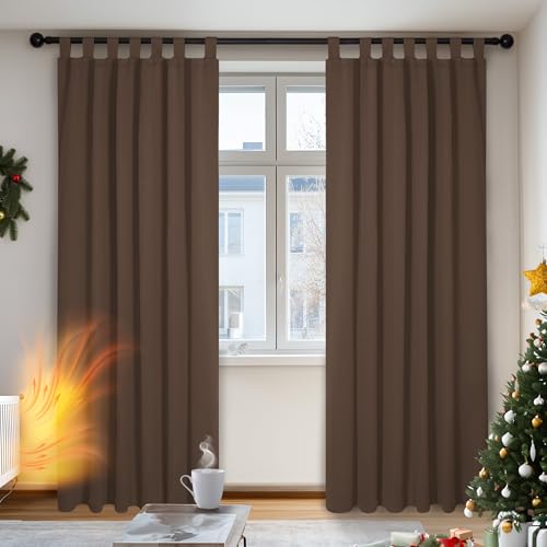 Deconovo Verdunkelungsvorhänge mit Schlaufen, braun, wärmeisolierende Vorhänge, gebrauchsfertig für Fenster, Schlafzimmer, 140 x 220 cm (B x H), 2er-S