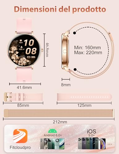 Smartwatch Donna,8mm Ultra Sottile,1.32" AMOLED Smart Watches con 7 Giorni di Batteria,Chiamate BLE5.3,Frequenza cardiaca, SpO2, Sonno, Contapassi,IP68 Orologio Fitness per Android/iOS,Oro Rosa