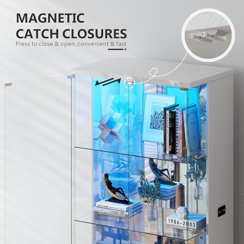Glass Display Cabinet with Lights, Modern Curio Cabinet Display Cases for Collectibles, Locking Cabinet with Shelves & Drawers, Tall Bookcase with Human Body Sensor for Living Room, White