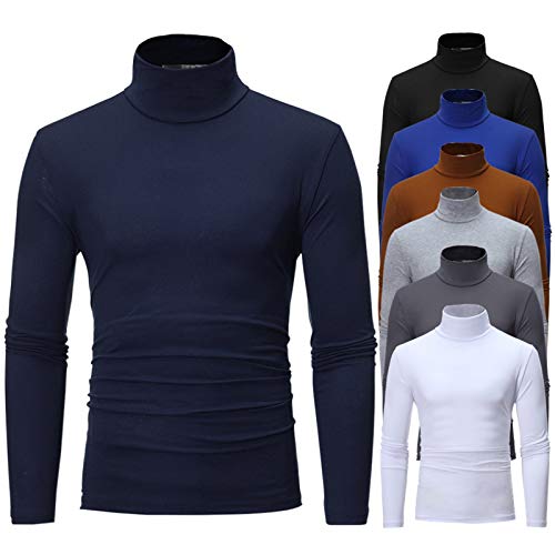 ZJKESDIOAW Jumpers for Men UK Mens Turtle Neck Jumper Slim Fit Ribbed Knit Roll Neck Tops for Men Winter Base Layer High T Shirts Solid Color Stretch Thermal​ Jumpers (Navy-A, XXL)