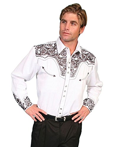 Scully Men's Pewter-Tone Embroidery Retro Western Shirt White Large