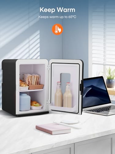 FOHERE 2-in-1 Mini Fridge, 15L Fridge for Room with Cooling and Heating Function, DC/AC for Cars, Offices and Dorm, Eco Low Noise Mode, for Cosmetics and Drinks, Black
