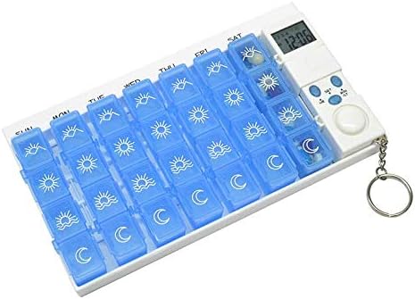Vakiko Portable Pills Box with Digital Screen Alarm Clock Reminder Timer for Travel Working Outdoor 28 lattices,Blue