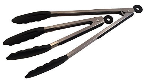 Stainless Steel Kitchen Tongs With Silicone Tips By Cuisine Essentials - Includes 9 Inch Salad Tongs And 12 Inch Barbecue Grill Tongs (Black)