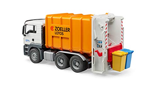 bruder 03762 - Man TGS Hecklader Müll-LKW & 2 Mülltonnen - 1:16 Abfalltonnen Müllabfuhr Müllauto Müllwagen Müllmann Abfallentsorgungs-Fahrzeug Lastwagen Laster Spielzeug – Bild 6
