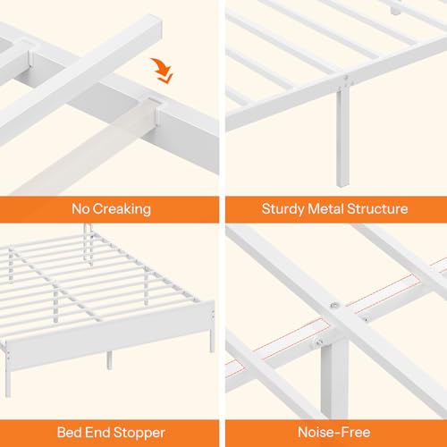 HOOBRO Full Size Bed Frame, Bed Frame with Charging Station and LED Lights, Headboard with Shelves, Heavy Duty Metal Frame, Noise-Free, Easy Assembly, No Box Springs Needed, White WT01UDBF01