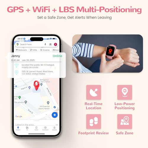4G Smart Watch Children with GPS and Video Calling, Smartwatch Children with Calls, Voice Chat, SOS, School Mode, IP68 Waterproof, Pedometer, Alarm Clock, Camera, Gift Girls and Boys 4-15, Pink