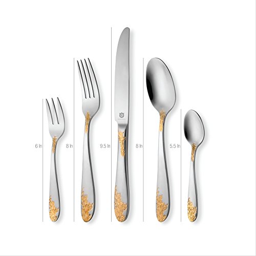 DANIALLI 20-Piece 24K Gold Plated Flatware Set For 4, Modern Imperial Design Silverware Set, 18 10 Stainless Steel Utensils Set of Golden Cutlery, Include Knife/Fork/Spoon, Dishwasher Safe
