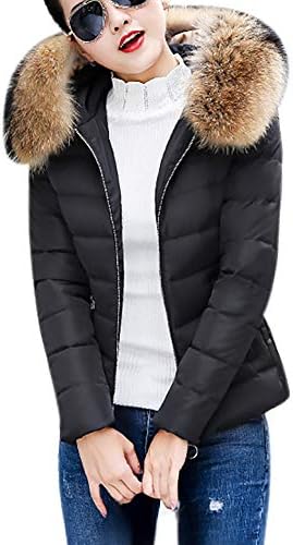 Women Puffer Fur Collar Hooded Jackets Coats, Ladies Fashion Winter Warm Thicker Slim Fit Short Overcoat Outwear, Casual Down Jacket Coat for Women