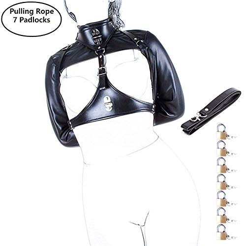 Neck Collar Breast Harness Holder – Davidsource High Neck Leather Collar Harness Breast Holder Chest Less Hands Binding Suit BDSM Restraint Outfit Erotic Costume (Pulling Rope 1, Padlock 7 Pieces)