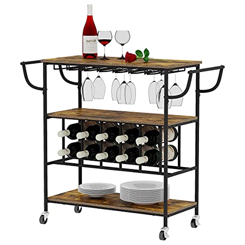 YUSONG Industrial Bar Cart with Wine Rack & Glass Holder on Wheels for