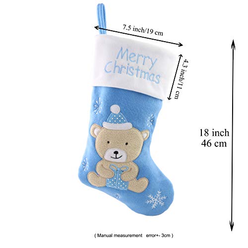 WEWILL 18’’ Baby’s First Christmas Stockings Felt Teddy Bear Embroidered White Cuff Xmas Stocking Gift Bag Home Holiday Decoration, Blue