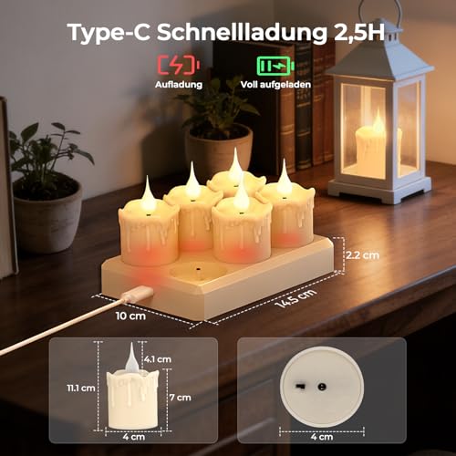 LED Tea Lights, 200H LED Candles, Rechargeable with Remote Control, Charging Station, Timer, Flickering Flame, Warm White, Dimmable Candle Warmer Lamp, Tea Lights for Party, Room, Living Room