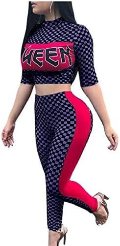 Jaycargogo Women 2 Piece Tracksuit Set Sexy Plaid Letter Printing Crop Top Skinny Pant Jumspsuit 3 XS