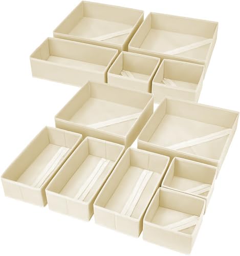 Homsorout 12 Pack Closet Organizer, Drawers, Foldable Fabric Storage Box, Underwear Organizer, Wardrobe Organizer for Clothes, Socks, Beige
