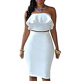 Eiffel Women's Off Shoulder Ruffle Crop Top Pencil Skirt Dress Two-Piece Set (XX-Large, White-1)