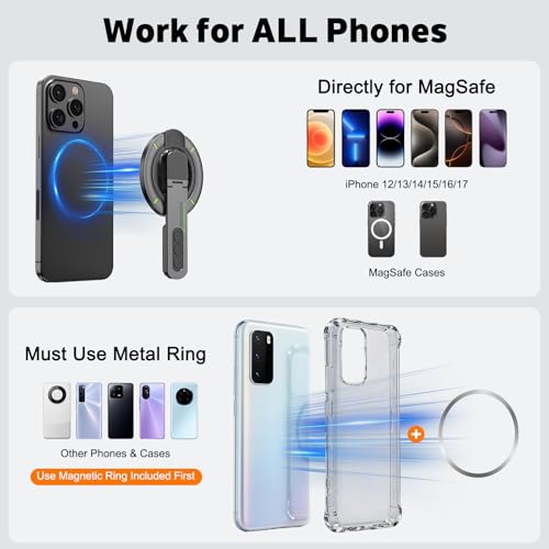 for MagSafe Ring Stand, Double-Sided Magnetic Phone Grip with 360° Finger Ring Holder, Phone Stand Kickstand Compatible with iPhone 17/16/15/14/13/12 & Samsung