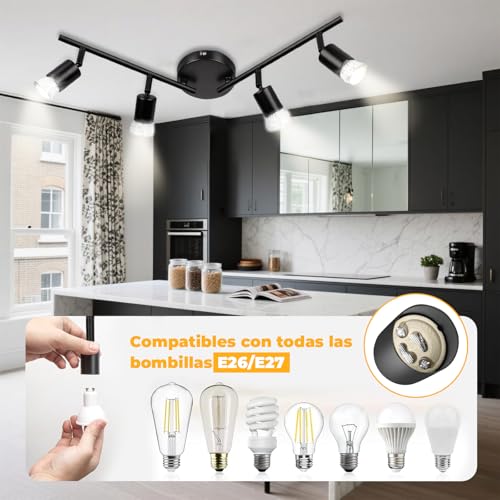 Lampara de techo Kit de iluminación de riel ajustable,iluminación de riel negro de 4 luces para techo,Compatible con E26/E27