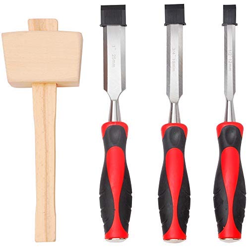 Hi-Spec 4 Piece Wood Chisel Set including 3 Hardened Steel Chisels (1/2", 3/4", 1") & Wooden Mallet for Carving Wood, Carpentry, Sculpting, Framing, Woodturning, Making Furniture, Crafts & Woodwork