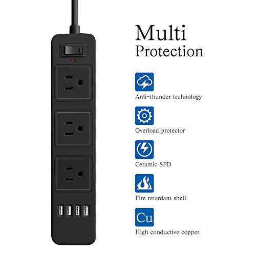 Power Strip USB, Mochi Extension Lead with Surge Protector, Power Strip 2 Meters Extension Cord with 3 Outlets 4 USB Charging Ports (black)