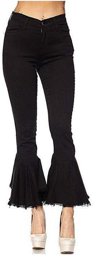 Women's Fashion Bell Bottom Pants High Waist Tassel Stretch Curvy Fit Jeans Blue