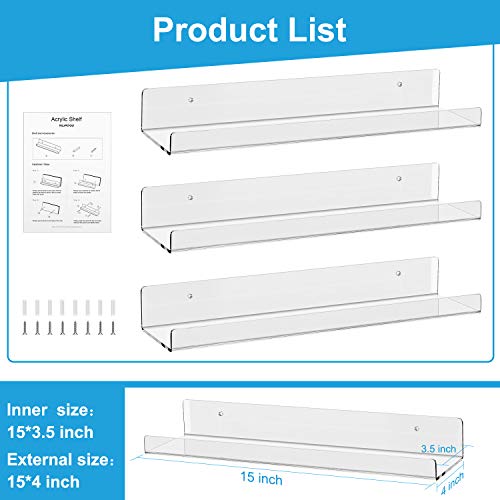 NEARPOW Acrylic Floating Wall Ledge Shelf, Set of 3 15 inches Clear Shelves for Bathroom, Kitchen Storage, Living Room, Office and Library for Kids, Extra Strong and Easy to Wall Mount - Thumbnail 4