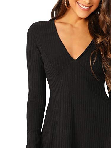 Verdusa Women's Elegant Deep V Neck Long Sleeve Ribbed Short Skater Dress - Image 5