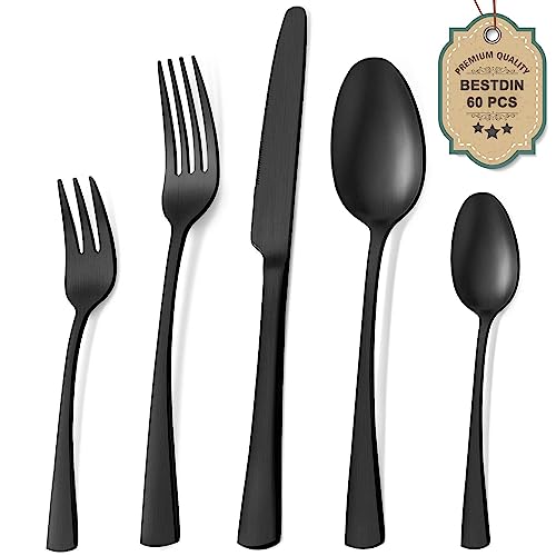 Bestdin Besteck Set 12 Personen, 60 teilig Edelstahl Besteckset Schwarz Matt, Essbesteck Set mit Messer Gabel Löffel, Hochwertiges Edelstahlbesteck, S