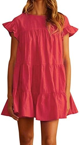 Creazrise Womens Ruffle Sleeve Casual Plain Short Sleeve Dress Casual Swing Party Dress