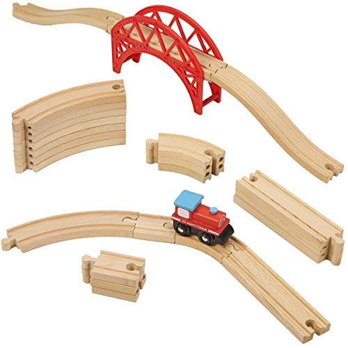 Dragon Drew 24 Piece Wooden Train Set - Compatible with Brio, Thomas, Chuggington and All Major Brands â€“ Accessories and Expansion Kit Includes 22 Tracks, a Bridge and 1 Engine Car