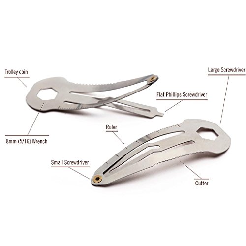MTA Set of 3 Mini Tactical Multitool Hair Clips - Multi Function Wrench/Screwdrivers/Ruler/Serrated Edge, Stainless Steel - Thumbnail 3