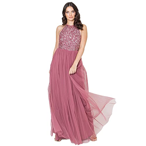 Maya Deluxe Maya Deluxe Womens Ladies Bridesmaid Maxi Dress Halter Neck Sequin Embellished Prom Graduation Wedding, Vestido de Dama de Honor Mujer, Desert Rose, 10