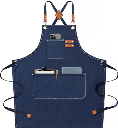AFUN Chef Aprons for Men Women with Large Pockets, Cotton Canvas Cross Back Heavy Duty Adjustable Work Apron, Size M to XXL (Dark Blue)