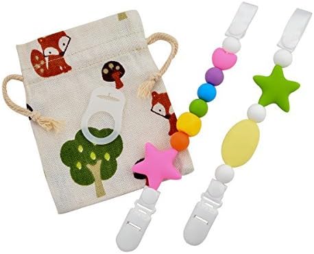 Kuen BPA Free 2 in 1 Baby Teether Pacifier Clip, Unisex Colorful Chew Beads Pacifier Clip Silicone Pacifier Holder Leash for Baby Childs Kids Soothie (2 Pack)