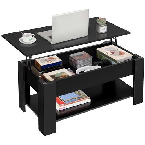 Yaheetech Couchtisch mit erhöhtem Fach und Ablagefach, aufsteigende Tischplatte Esstisch für Wohnzimmer Empfangsraum, 98 cm L, Schwarz