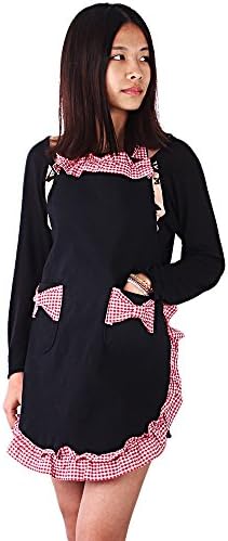 Women Kitchen Bib Apron Cute Cooking Flirty Vintage Dress with Bowknot Pocket,Black+Pink