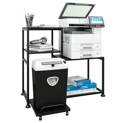 DAYONG Printer Stand with Storage Shelves, Heavy Duty Printer Cabinet, 3-Tier Office Organiser, Printer Shredder Stand for Home Office, Table for Fax Machine/PC Tower (Black)