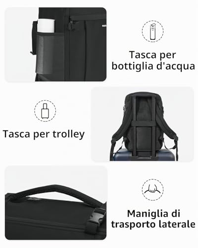 ECOHUB Ryanair 20L Backpack, 40 x 20 x 25 cm, Airplane Travel Backpack with 3D Laptop Compartment, Water Resistant Hand Luggage 40 x 20 x 25 cm, Ryanair, Recycled Travel Backpack for Women, Men, Black