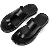 AZAGNEEM Men's Leather Hollow Flat Flip Flops Sandals Casual Open Toe Comfort Arch Support Soft Bottom Slip On Orthotic Slides Summer Lightweight Anti-Slip Walking Beach Sandals