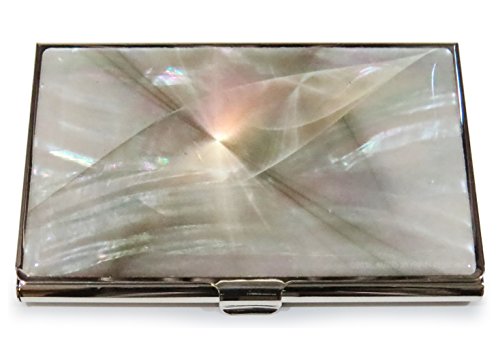 Business-Card-Holder-Id-Case-Metal-Travel-Mini-Wallet-Mother-of-Pearl-Beige-Silver-Fractal