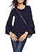 Beyove Women Long Bell Sleeve Blouse Round Neck Ruffle Solid/Polka Dot Casual Shirt Loose Top Navy Blue